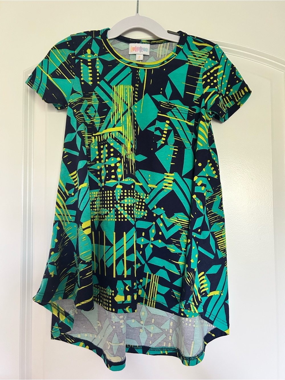LuLaRoe Teal, Navy & Yellow-Green Geometric Swing Dress